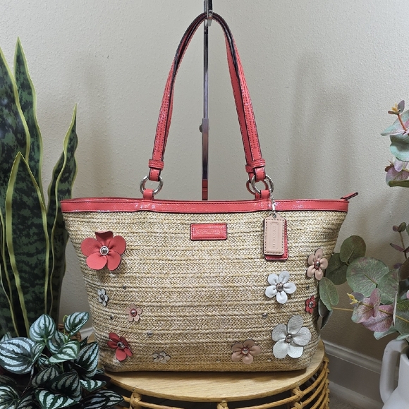 Coach Straw Floral Appliqué Tote - Picture 1 of 13